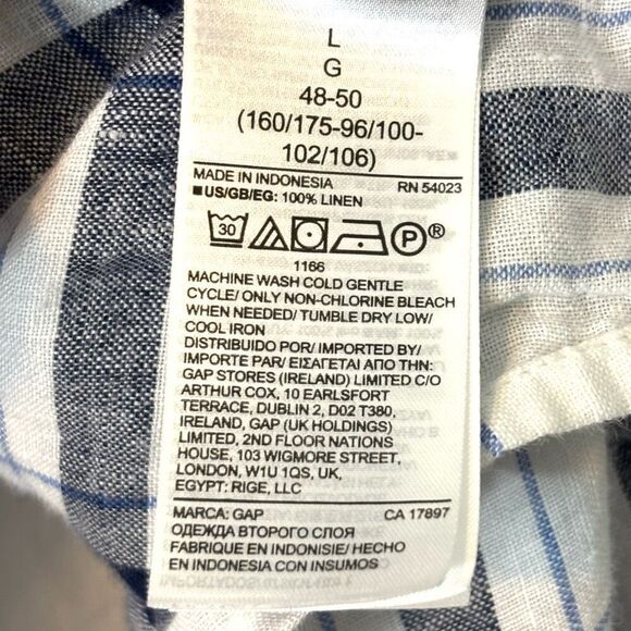 GAP 100% Linen L black, white, blue plaid button front pocket shirt - Picture 7 of 7
